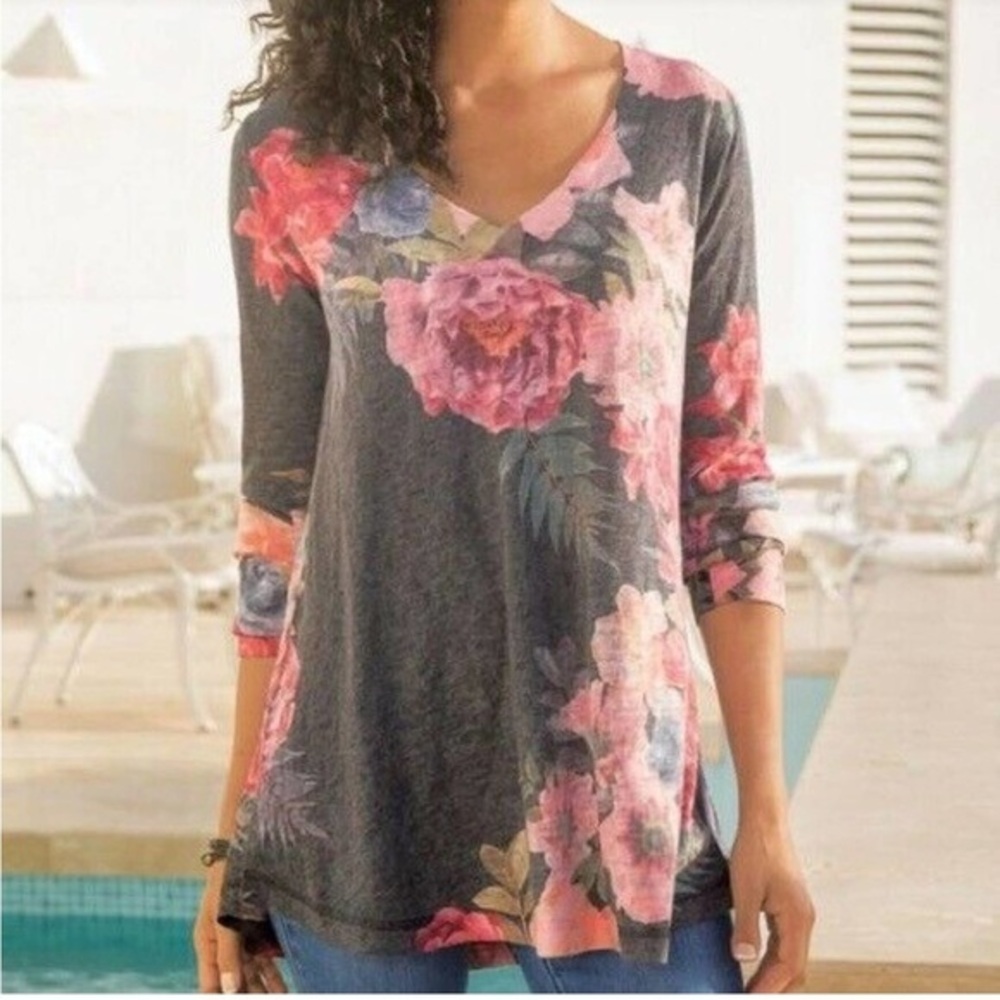 Soft Surroundings Midnight Bloom Floral Top Tunic Sweater Grey Pink Petite Large